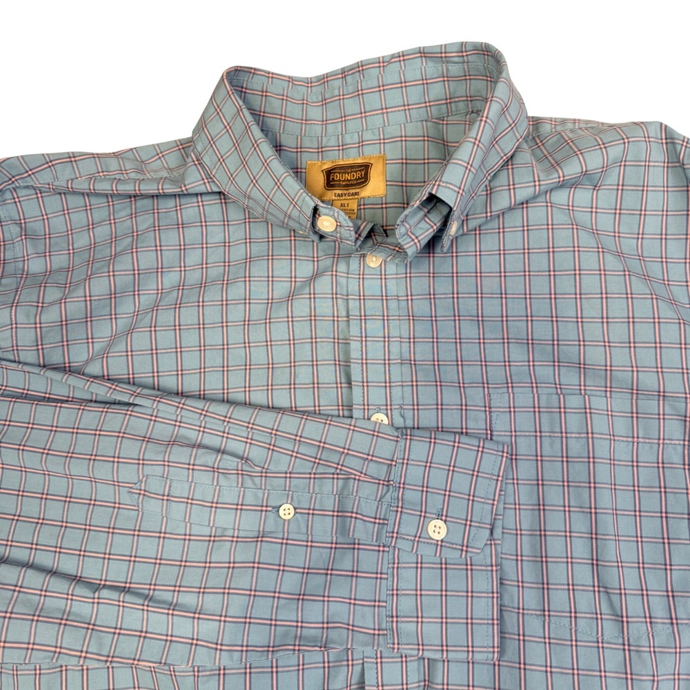 The Foundry Supply Co Mens XLT Blue Pink Plaid Button Down Shirt Easy Care 0198